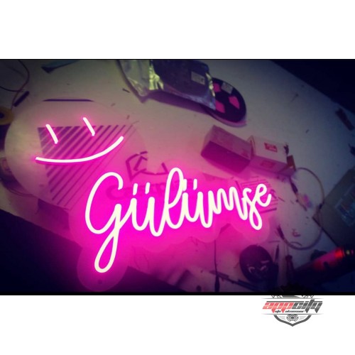 Emoji Gülümse Yazılı Dekoratif Neon Led Tablo, Neon Duvar Tabela